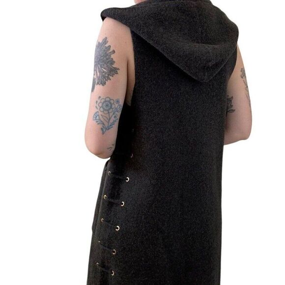 Womens Charcoal Gray Wool Blend Hooded Long Hippie Vest Jacket Sz M - Picture 6 of 8